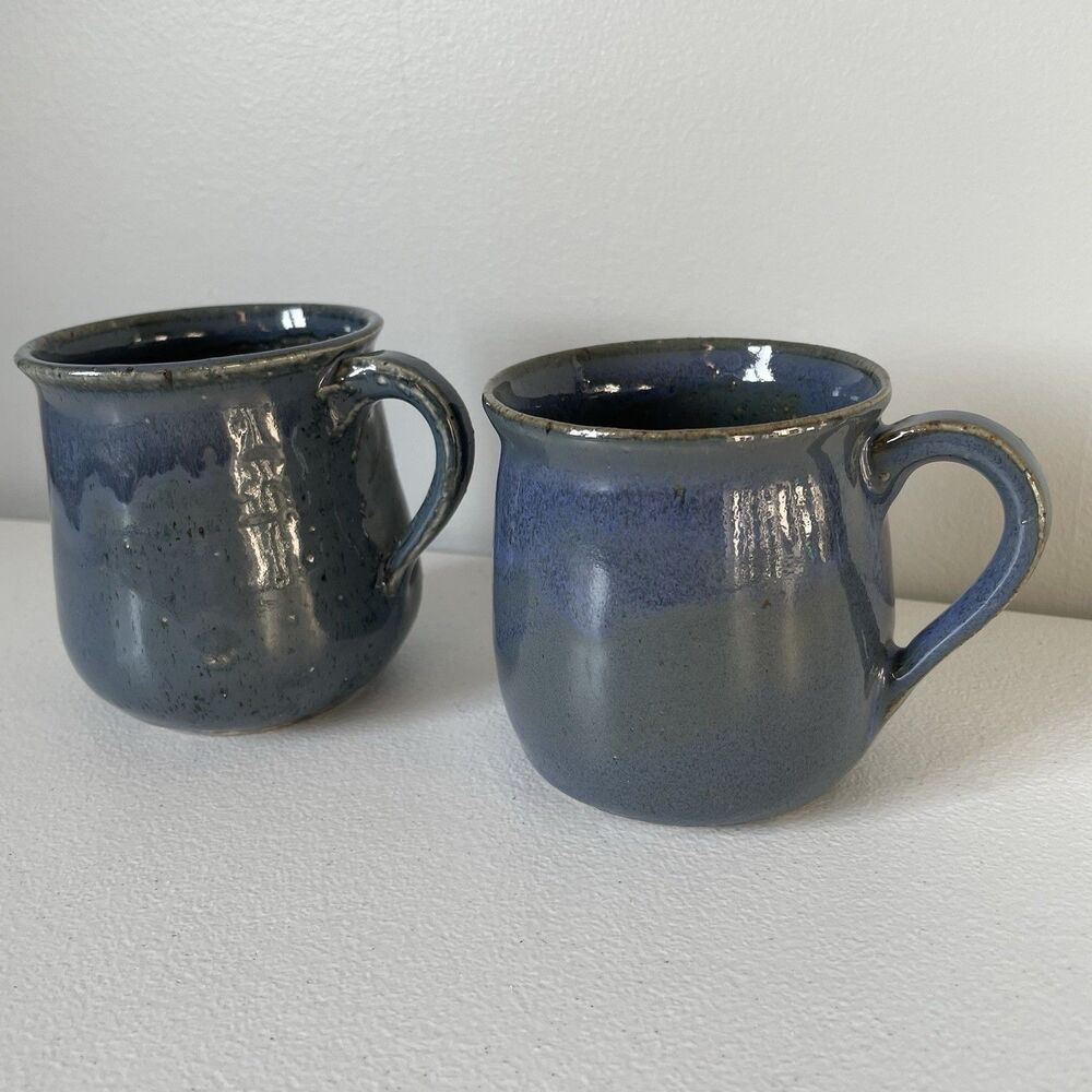 Handmade Ceramic Pottery Coffee Tea Mugs Cups 10oz. Cottagecore Country Blue Set